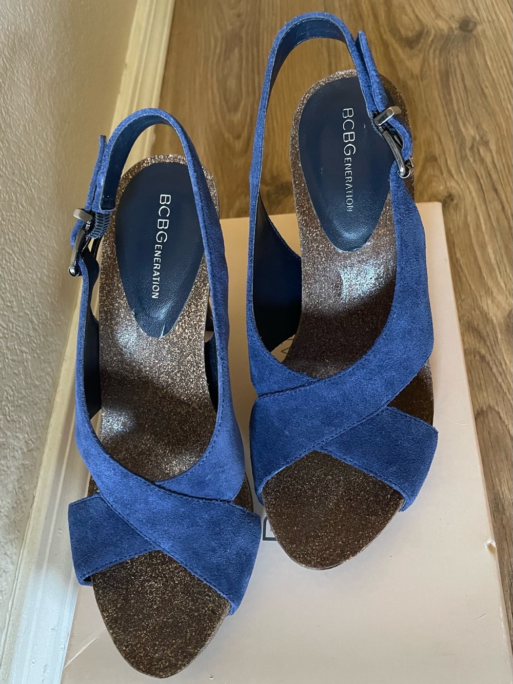 BCBGeneration Navy Suede Crisscross Platform Slingback Heels